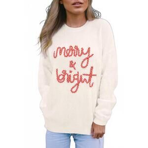 NEW LOVESOFT women's merry bright letter christmas sweater in white